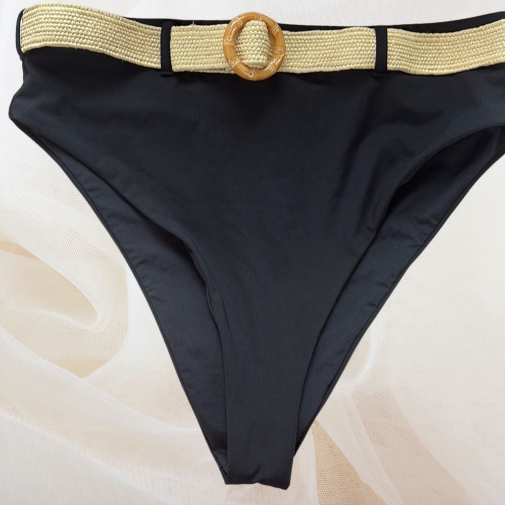 WeWoreWhat Emily Bikini Bottoms, Black with Detachable Bamboo Belt, XS
